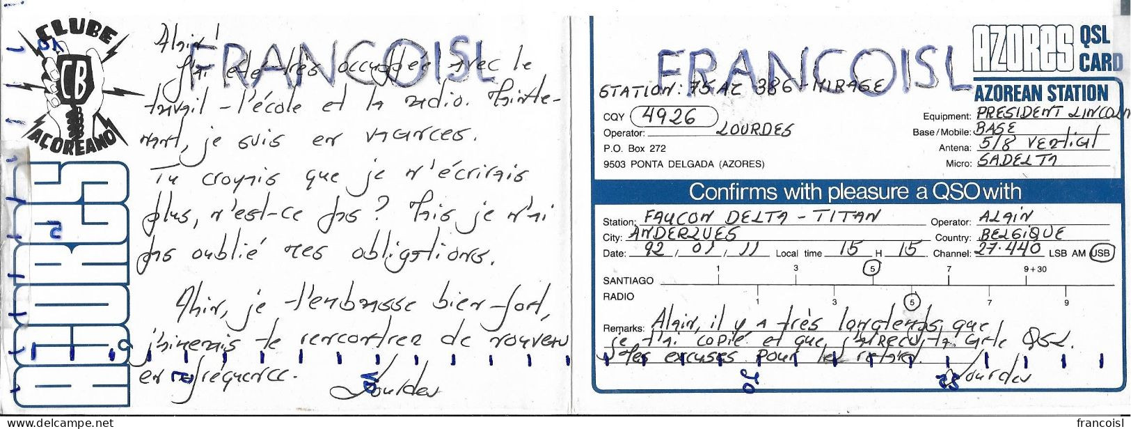 Azorean/ Açoreano Station QSL Card Station 75 AZ 386-Mirage (1992) - CB-Funk