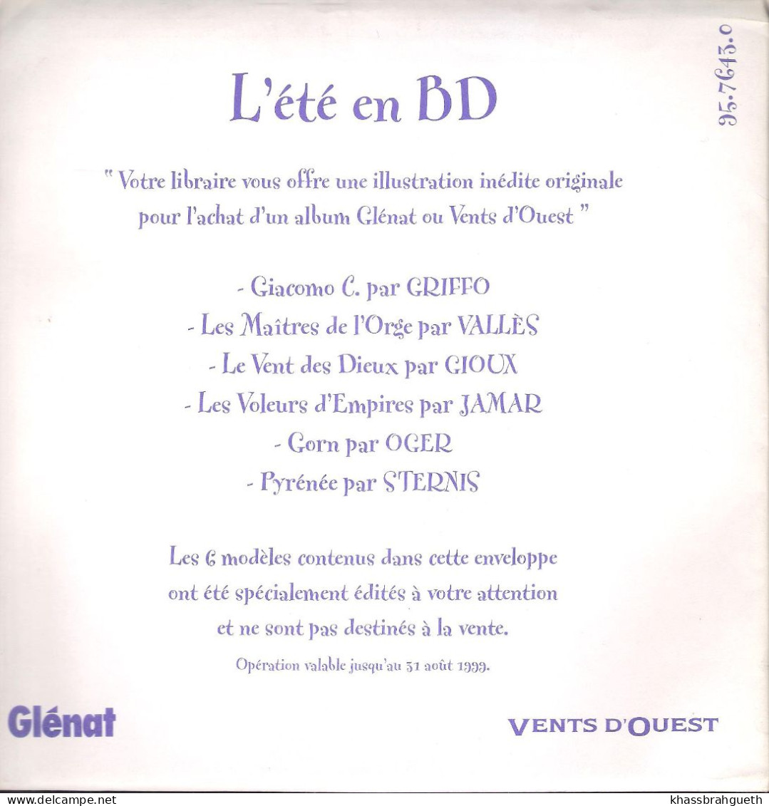 GLENAT / VENTS D'OUEST - 6 EX-LIBRIS "L'ETE EN BD" (1999) - GRIFFO VALLES GIOUX JAMAR OGER STERNIS