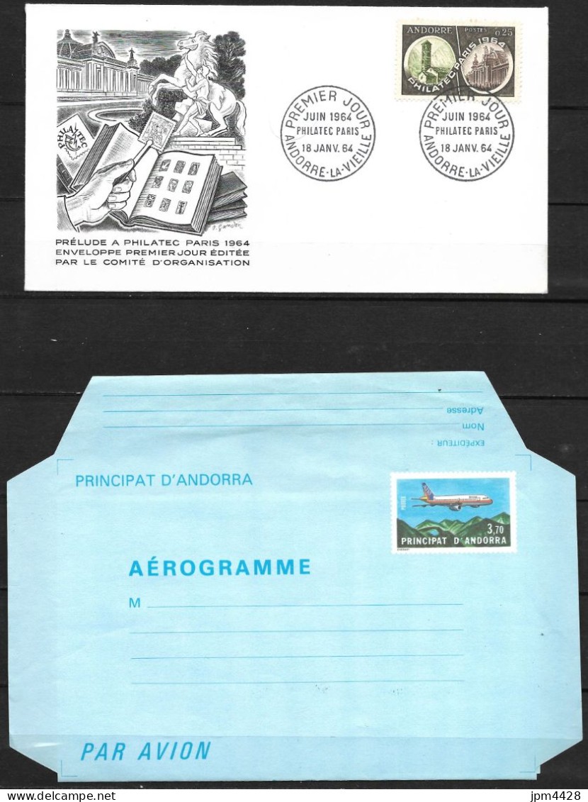 Andorre  Lot 25 Timbres Neufs** Et  29 Timbres Oblitérés + 1 Pli 1er Jour De 1964, Et 1 Aérogramme - Sammlungen