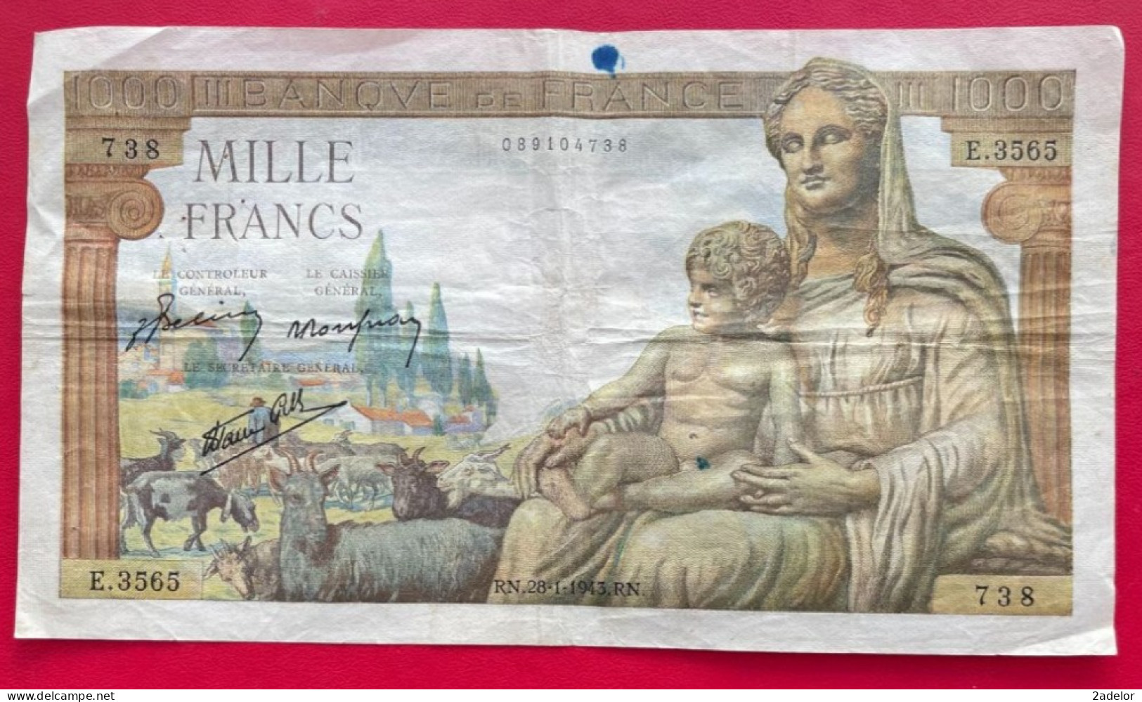 Beau Billet De 1000 Francs Déesse Déméter RN.28-1-1943.RN. Etat TB/TB+ - 1 000 F 1942-1943 ''Déesse Déméter''