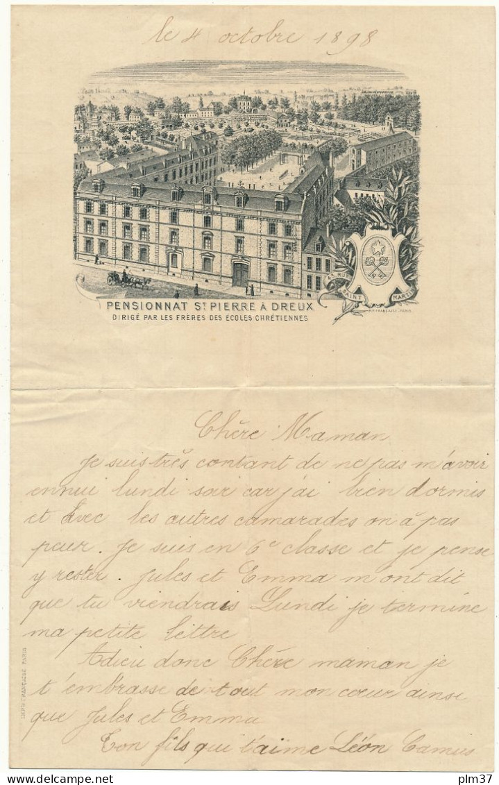 DREUX, 28 - Pensionnat St Pierre - Petite Lettre D'Ecolier, 1898 - Diplômes & Bulletins Scolaires