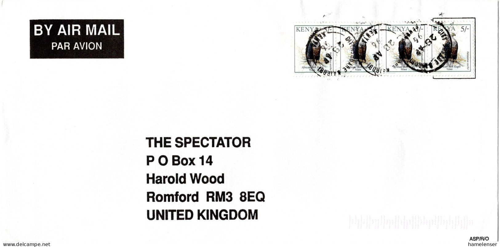 L70666 - Kenia - 1996 - 4@7'- Adler A LpBf NAIROBI -> Grossbritannien - Águilas & Aves De Presa