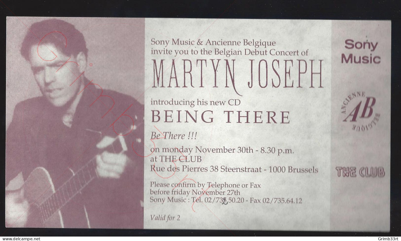 Martyn Joseph - Being There - 30 November 1992 - The Club Brussel (BE) - Concert Ticket - Konzertkarten