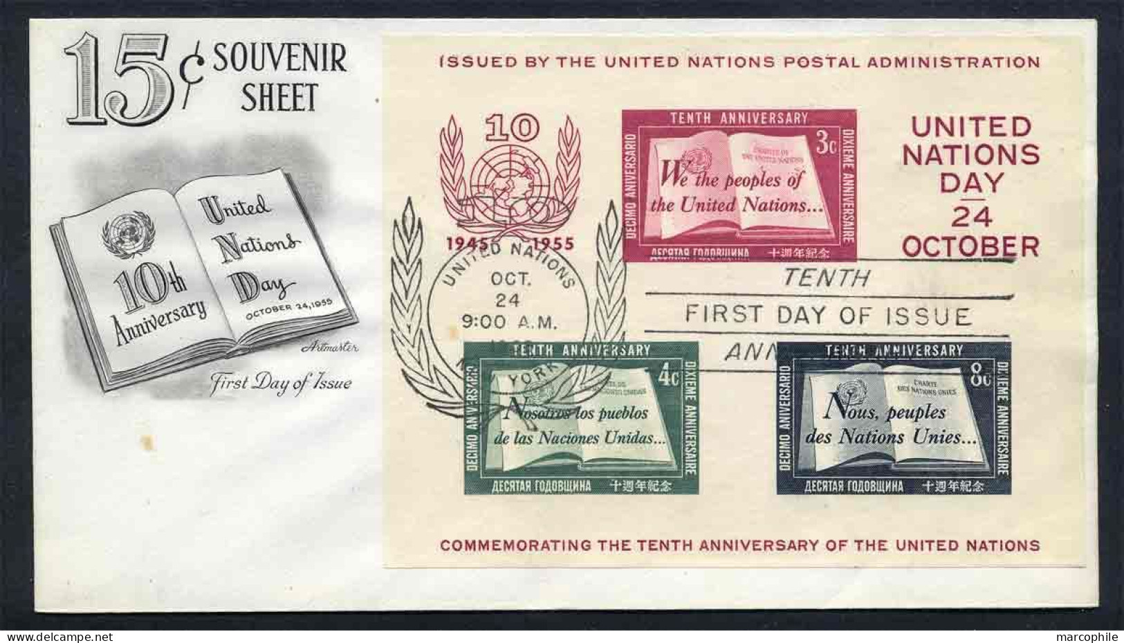 NATIONS UNIES - ONU - UNO - NEW YORK / 1955 BLOC # 1 SUR FDC (ref 2454) - Lettres & Documents