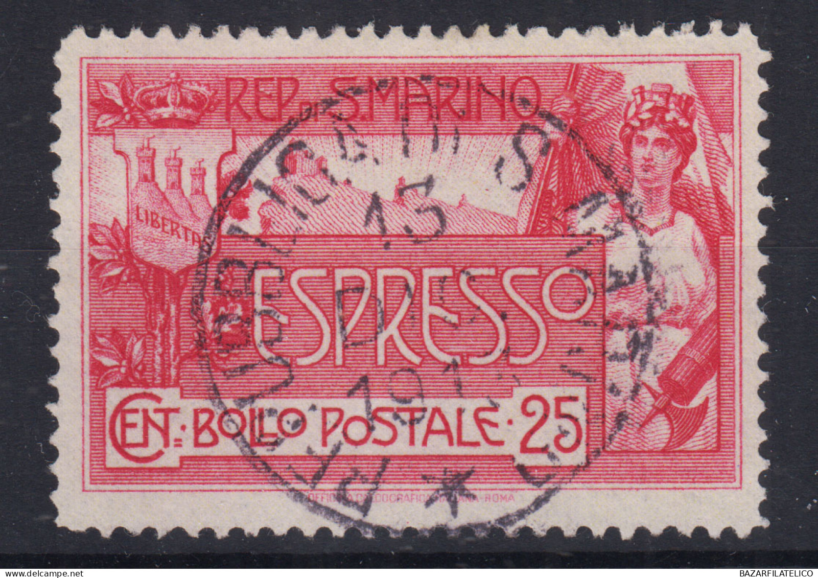 SAN MARINO 1907 ESPRESSO 25 CENTESIMI N.1 USATO BEN CENTRATO - Used Stamps