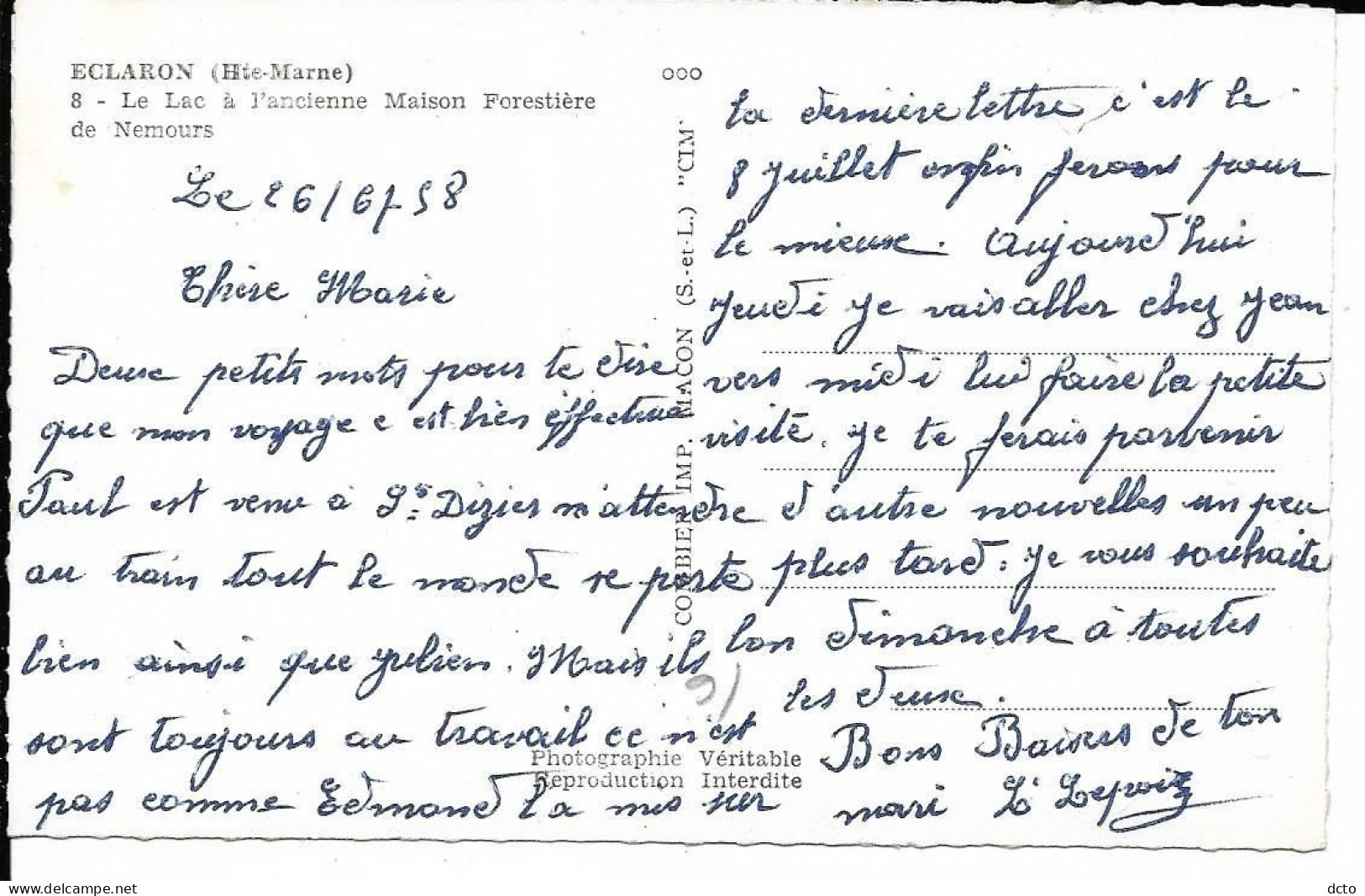 ECLARON (52) Lac à L"ancienne Maison Forestière De Nemours Cim 8, Cpsm Pf, Envoi 1958 - Eclaron Braucourt Sainte Liviere