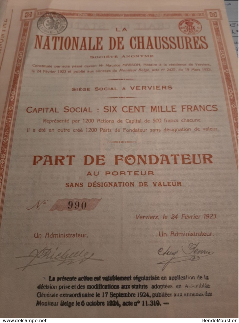 La Nationale De Chaussures S.A. - Vervier Le 24 Février 1923 - Part De Fondateur Au Porteur Sans Désignation De Valeur. - Parfums & Beauté