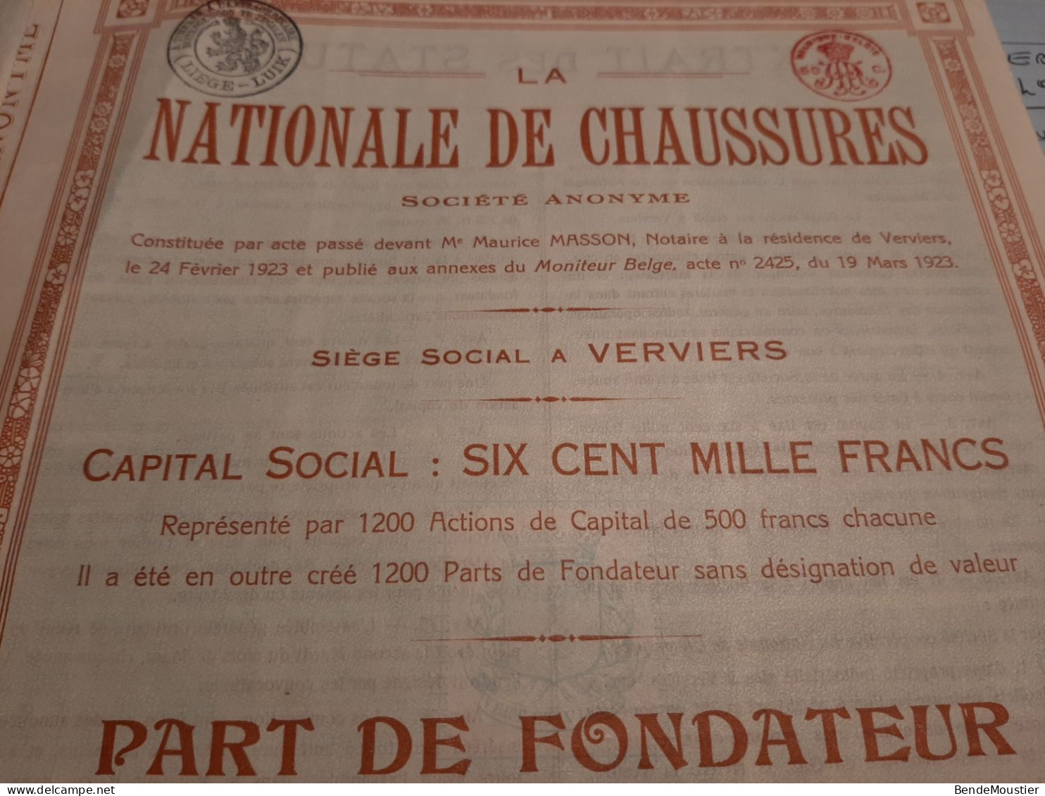 La Nationale De Chaussures S.A. - Vervier Le 24 Février 1923 - Part De Fondateur Au Porteur Sans Désignation De Valeur. - Parfum & Kosmetik