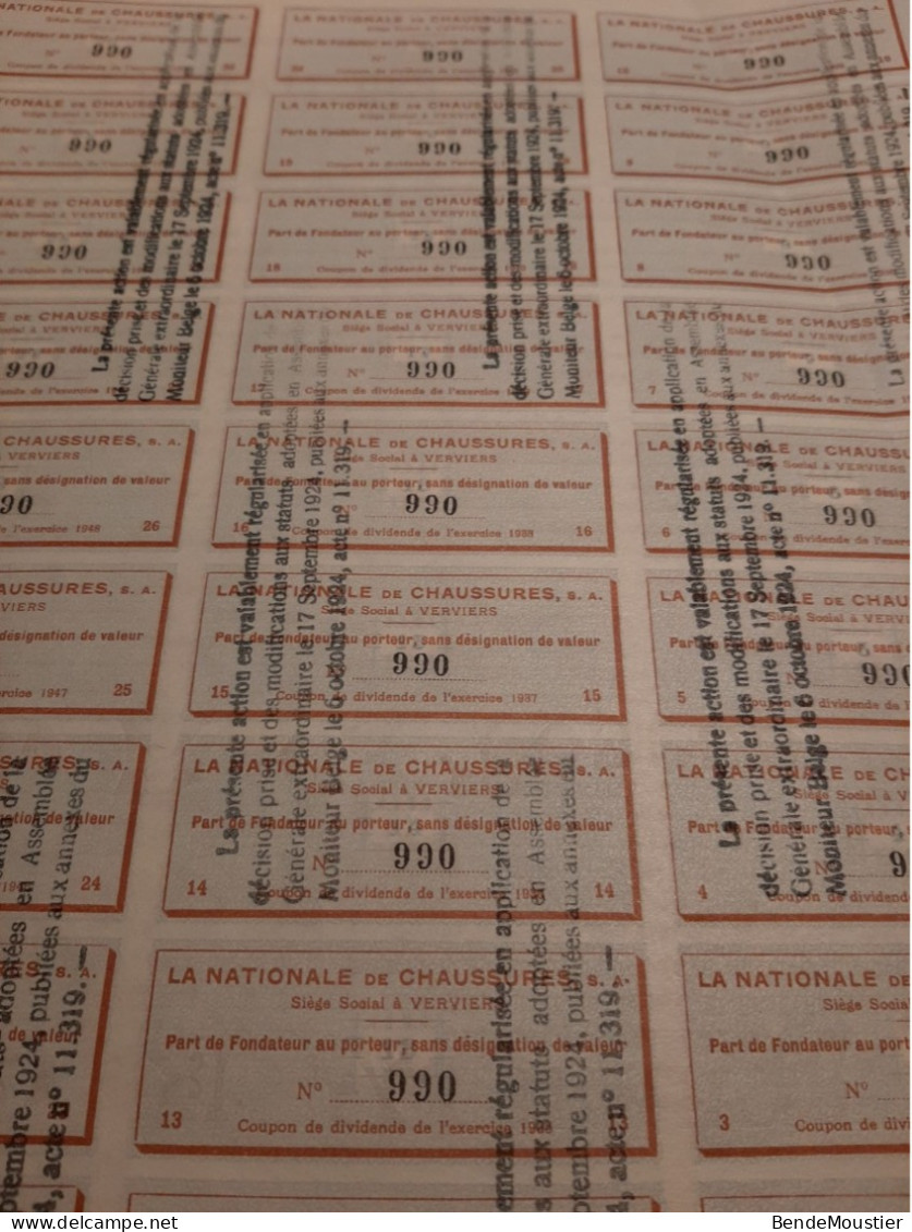 La Nationale De Chaussures S.A. - Vervier Le 24 Février 1923 - Part De Fondateur Au Porteur Sans Désignation De Valeur. - Perfume & Beauty