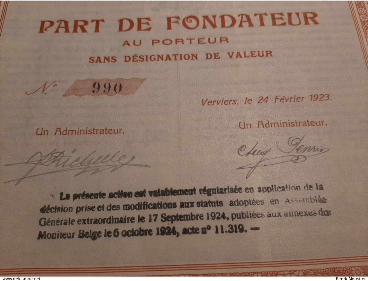 La Nationale De Chaussures S.A. - Vervier Le 24 Février 1923 - Part De Fondateur Au Porteur Sans Désignation De Valeur. - Parfum & Cosmetica