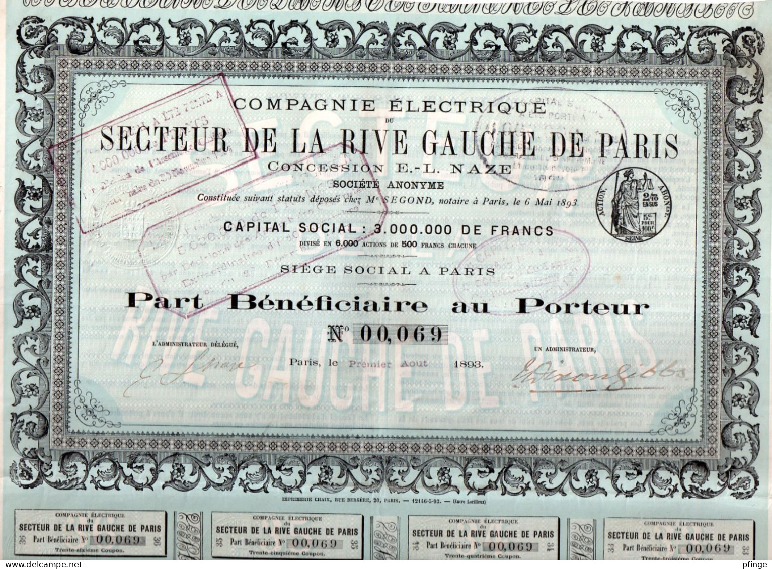 Compagnie électrique Secteur De La Rive Gauche De Paris-Part Bénéficiaire Au Porteur - Electricidad & Gas