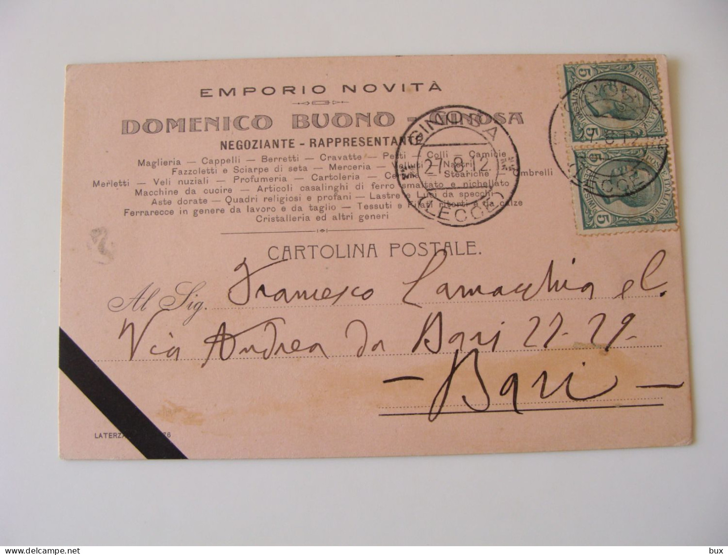 1912 GINOSA PROVINCIA DI LECCE  ORA TARANTO  EMPORIO  DOMENICO BUONO  COMMERCIO   VIAGGIATA FORMATO PICCOLO - Marchands