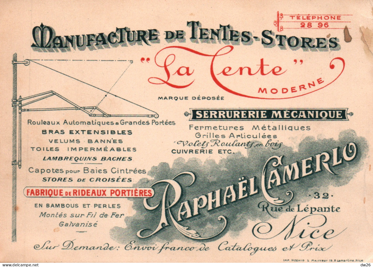 Publicité Serrurerie Mécanique: Manufacture De Tentes-Stores Raphaël Camerlo à Nice - La Tente Moderne - Reclame