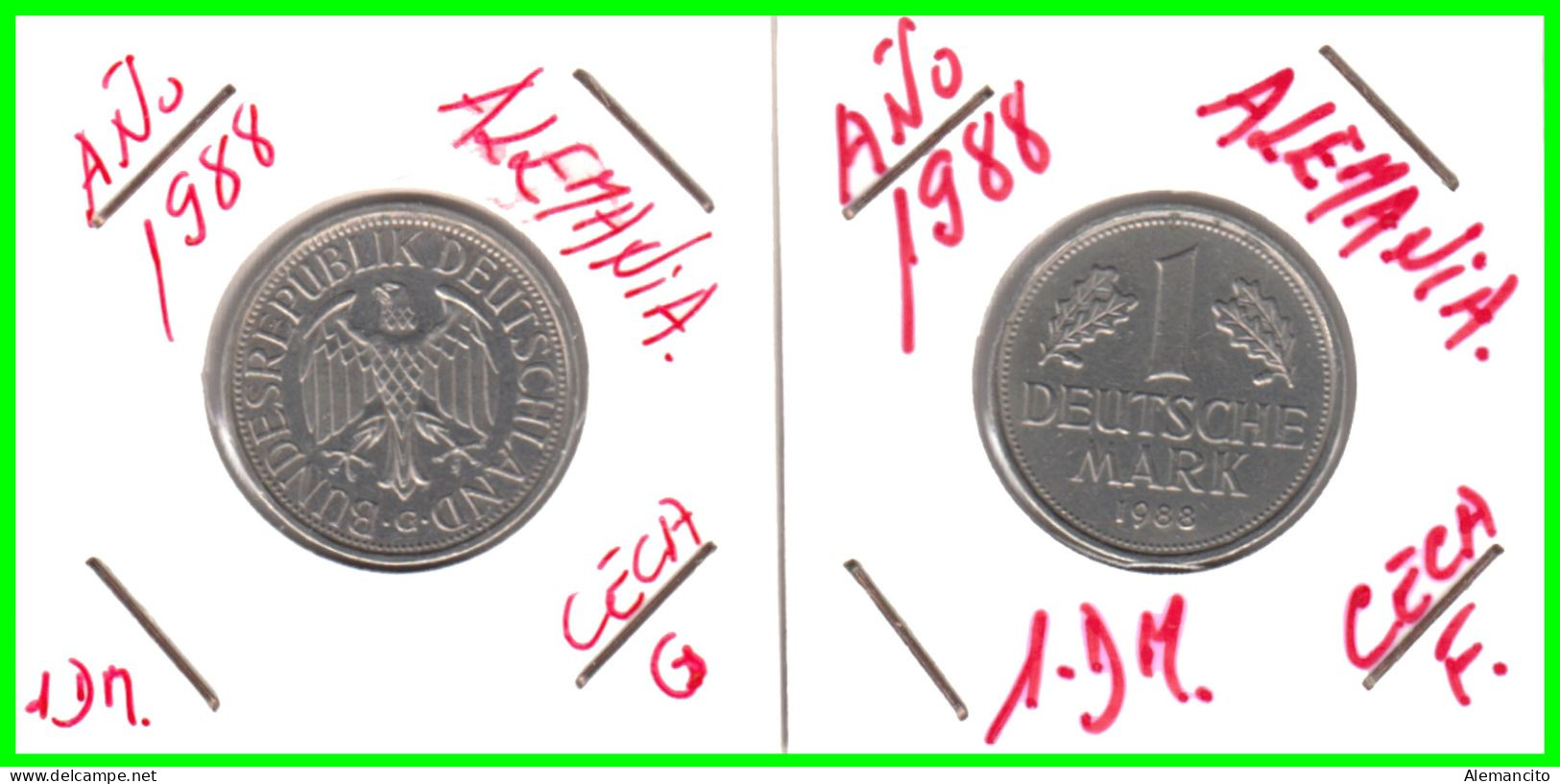 ALEMANIA - DEUTSCHLAND - GERMANY - 2 -MONEDAS DE 1.00 DM ESPIGAS Y AGUILA DEL AÑO 1988 CON LAS CECAS - G - F. - 1 Mark