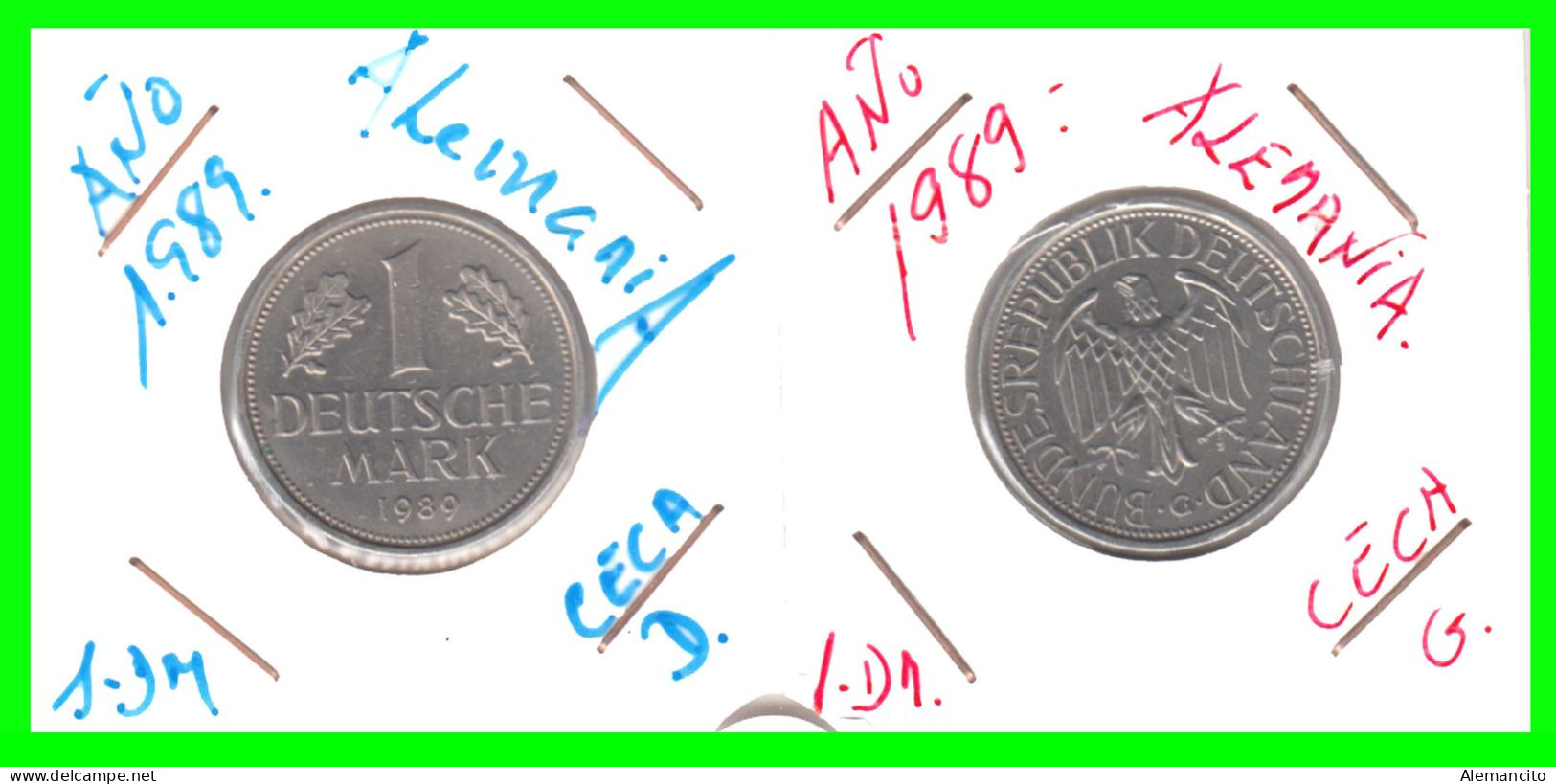 ALEMANIA - DEUTSCHLAND - GERMANY - 2 -MONEDAS DE 1.00 DM ESPIGAS Y AGUILA DEL AÑO 1989 CON LAS CECAS - D - G. - 1 Mark