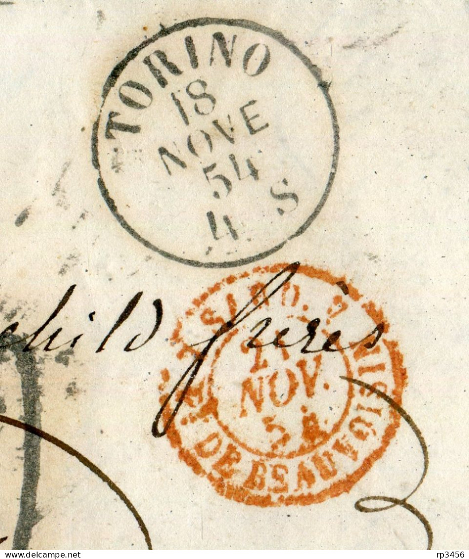 "ITALIEN" 1854, Transit-Brief K1 "TORINO", Roter Transitstempel, Nach Paris (C284) - Unclassified