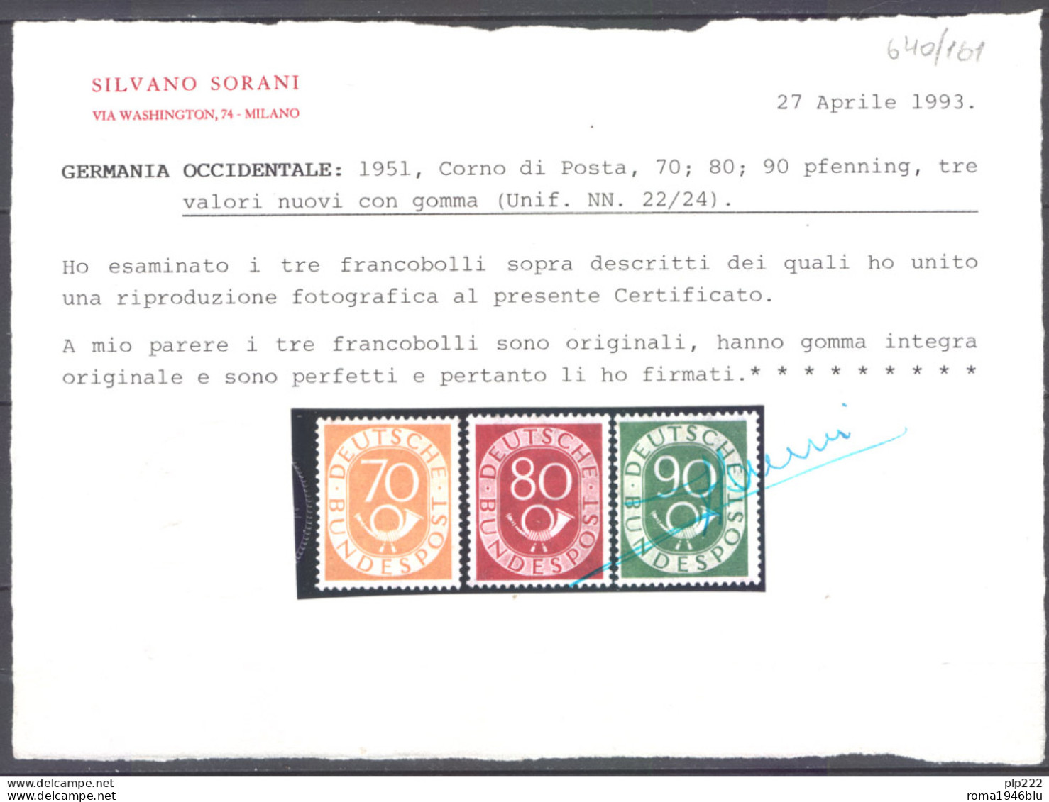 Germania 1951 Unif. 22/24 **/MNH VF/F - Cert.Sorani - Neufs