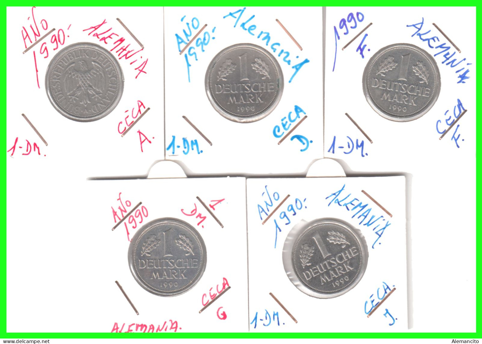 ALEMANIA - DEUTSCHLAND - GERMANY - COLECCIÓN COMPLETA DE LAS - 5 -MONEDAS DE 1.00 DM   AÑO 1990 - CECAS- A.D.F.G.J - 1 Mark