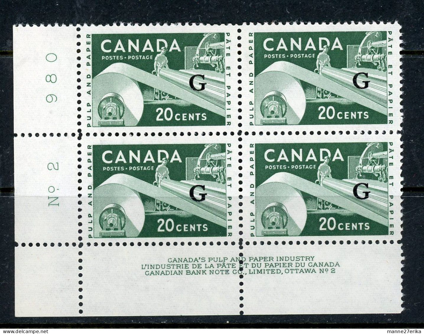 Canada MNH Plate Block 1955-56  Paper Industry Definitives - Ongebruikt