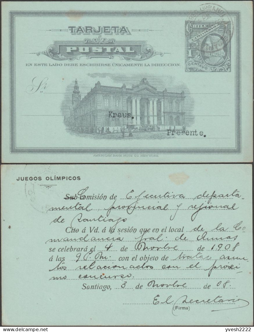 Chili 1908. Entier Postal, Commission Exécutive Des Jeux Olympiques Pour La Province De Santiago. Convocation Réunion RR - Ete 1908: Londres