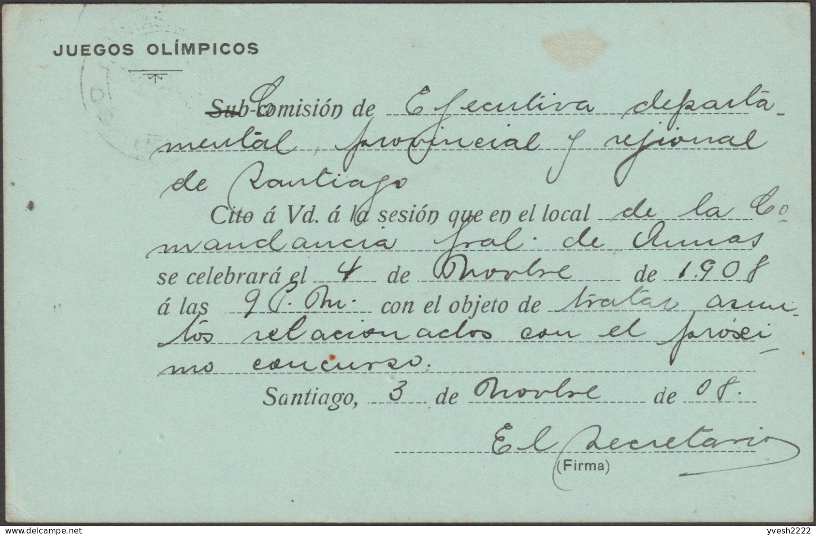 Chili 1908. Entier Postal, Commission Exécutive Des Jeux Olympiques Pour La Province De Santiago. Convocation Réunion RR - Verano 1908: Londres