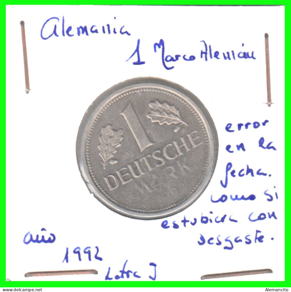 ALEMANIA - DEUTSCHLAND - GERMANY - MONEDA DE 1.00 DM ESPIGAS Y AGUILA DEL AÑO 1992 CON LAS CECA- J.- HAMBURGO DEFECTUOSA - 1 Marco