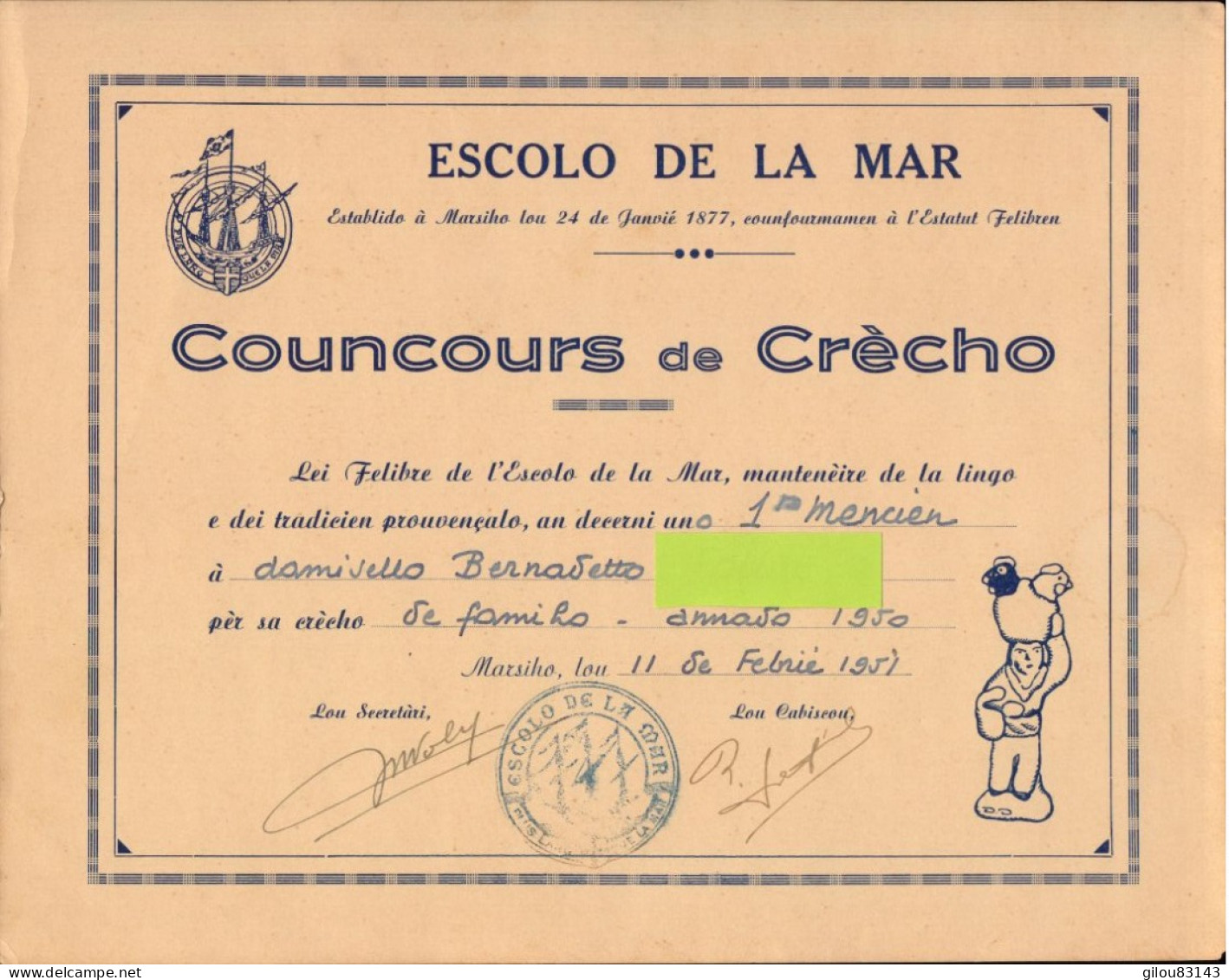 Marseille, Escolo De La Mar, Concours De Crecho, Lei Felibre De L Escolo De La Mar, 1951 - Diplômes & Bulletins Scolaires