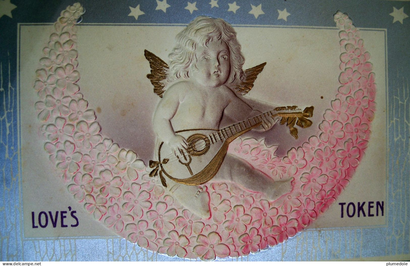 Cpa Gaufrée PETIT ANGE  ST VALENTIN / CROISSANT DE LUNE MANDOLINE , Cadre Argenté , CUPID CHERUB On FLORAL MOON Embossed - Saint-Valentin