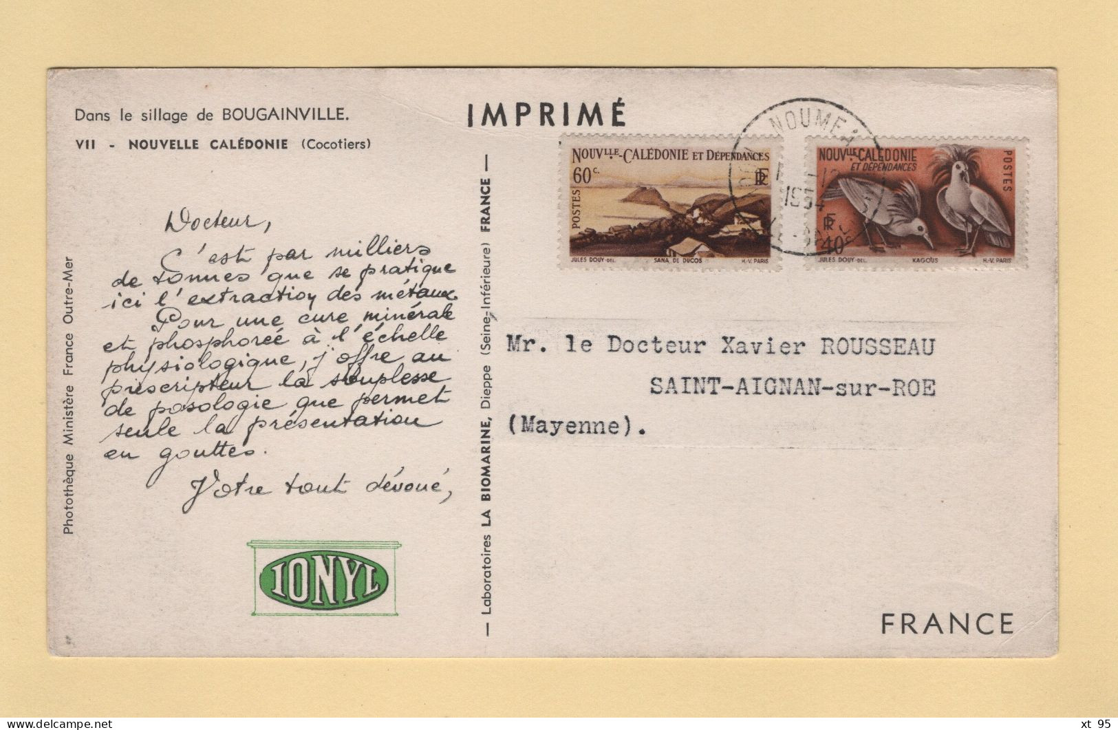 Carte Plasmarine Ionyl - Nouvelle Caledonie - Noumea - 1954 - Lettres & Documents