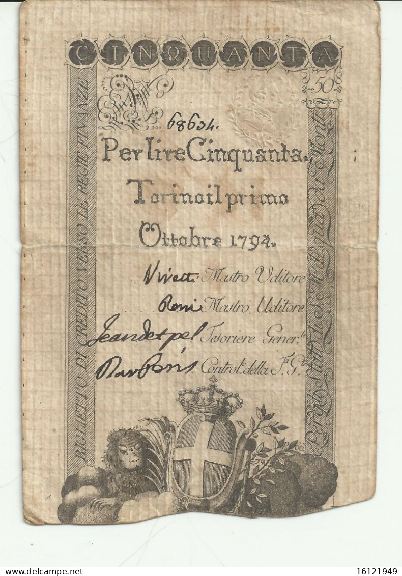 13B - REGIE FINANZE 50 LIRE 1/10/1794 - Regno D'Italia - Altri