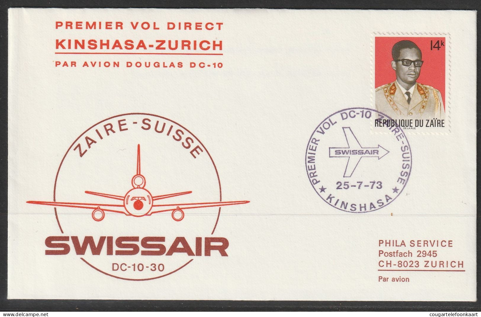 1973, Swissair, First Flight Cover, Kinshasa-Zürich - Brieven En Documenten