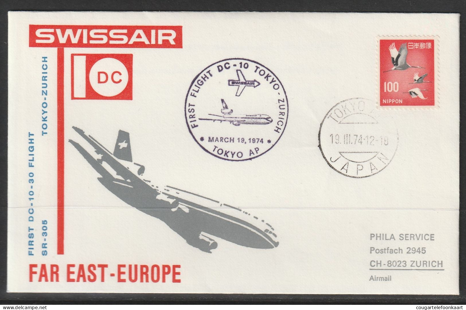 1974, Swissair, First Flight Cover, Tokyo-Zürich - Luchtpost