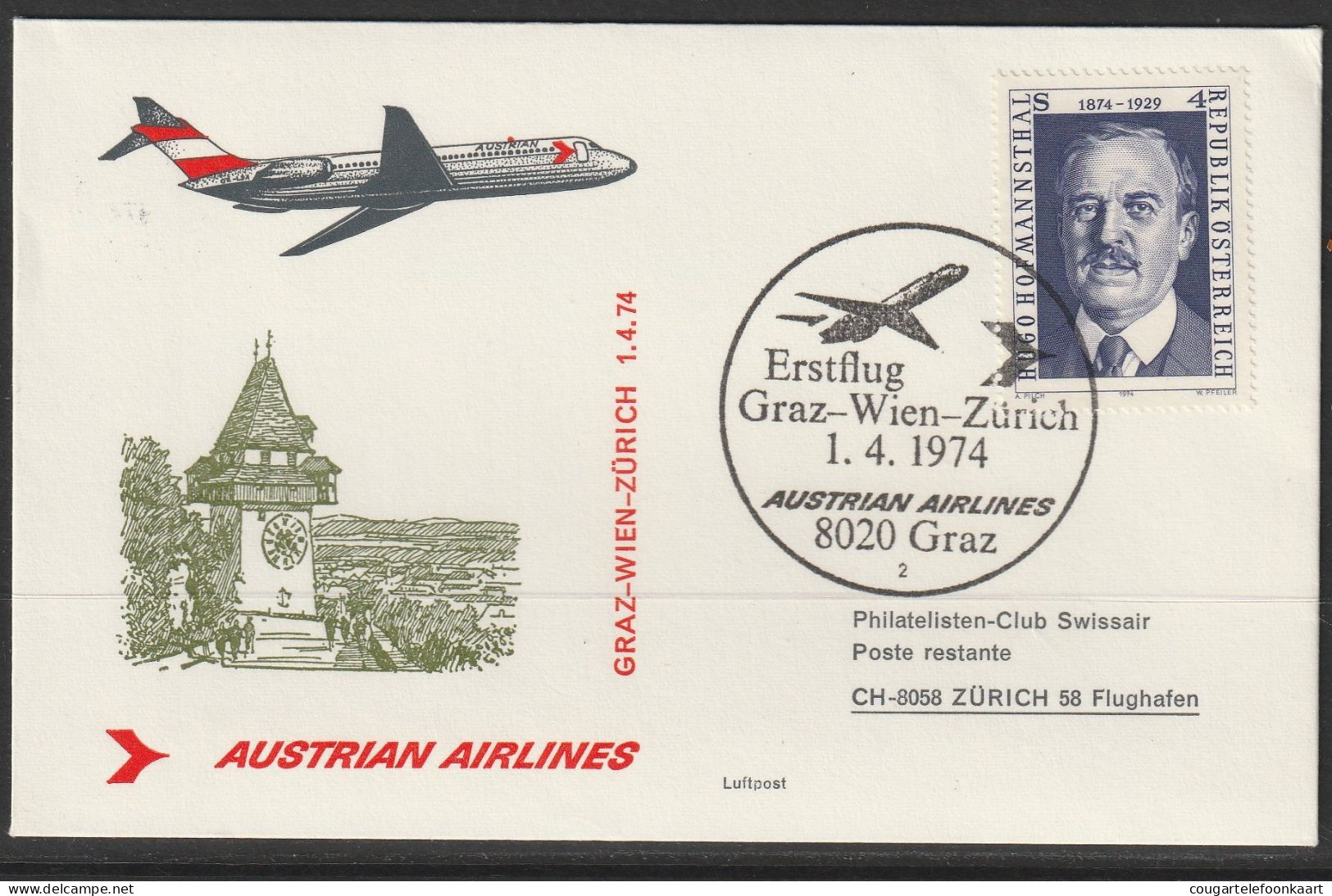 1974, Austrian Airlines, Erstflug, Graz-Zürich - First Flight Covers