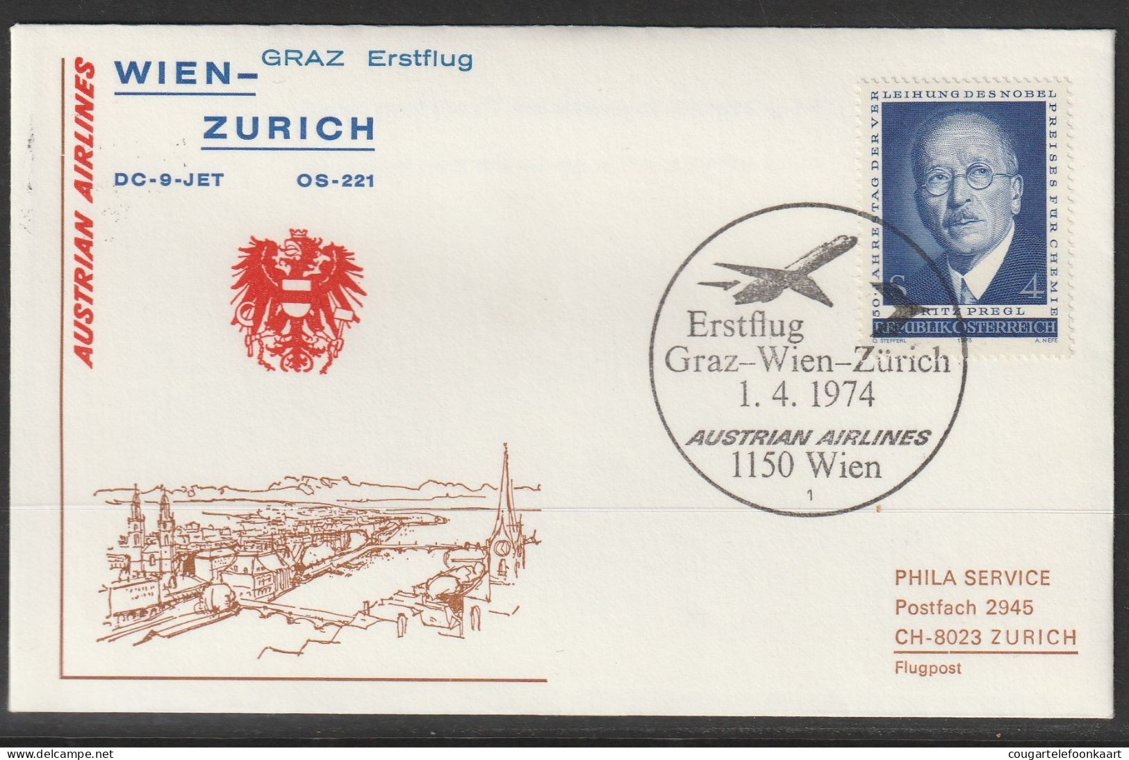 1974, Austrian Airlines, Erstflug, Wien-Zürich - Erst- U. Sonderflugbriefe