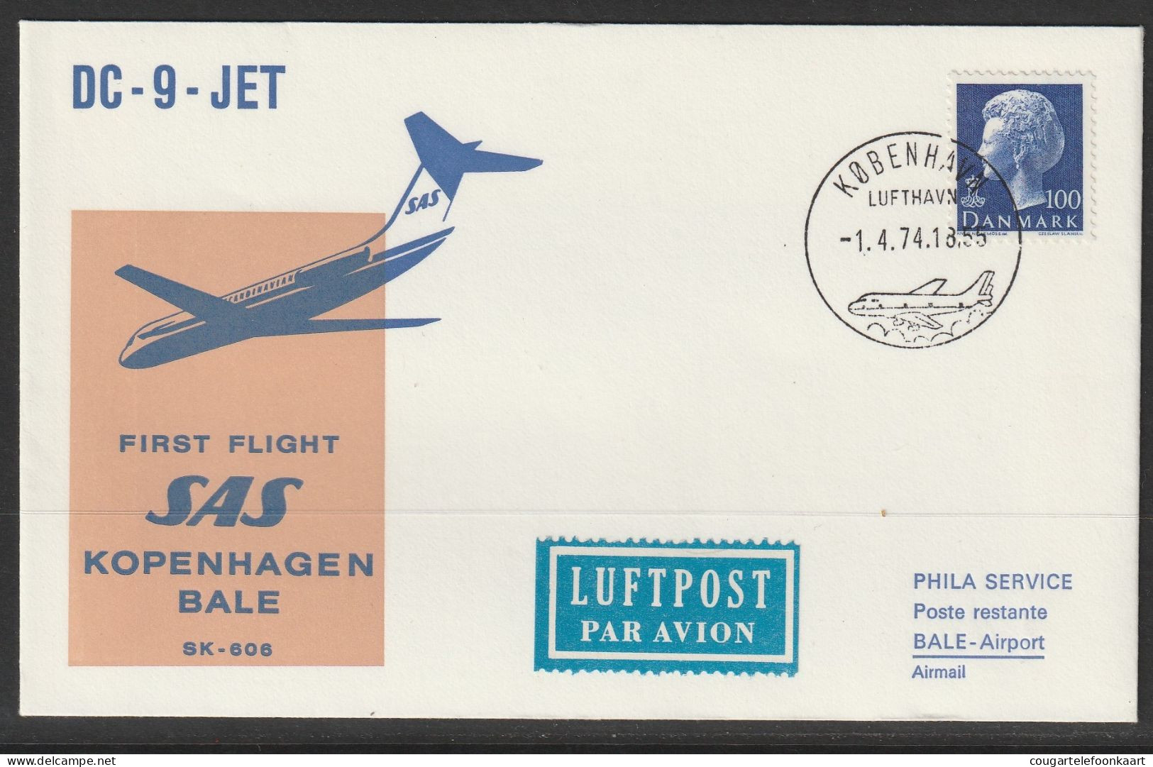 1974, SAS, First Flight Cover, Kobenhavn-Basel - Luchtpostzegels
