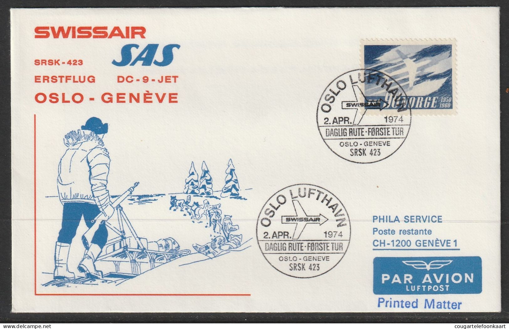 1974, SAS, First Flight Cover, Oslo-Geneve - Lettres & Documents