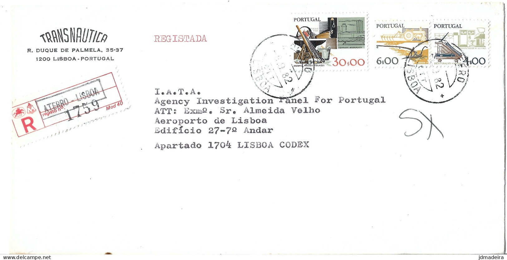 Portugal Registered Cover ATERRO LISBOA Cancel And Registration Label - Covers & Documents