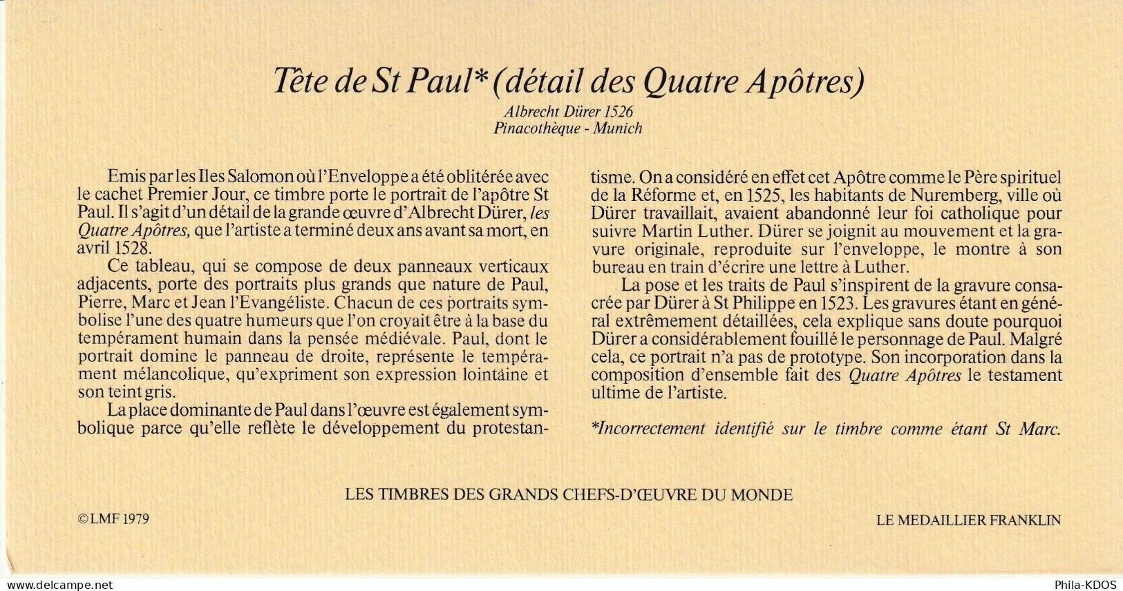 "  TETE DE SAINT PAUL De ALBRECHT DÜRER " Sur Enveloppe 1er Jour Des ILES SALOMON De 1978. FDC A SAISIR ! - Museums