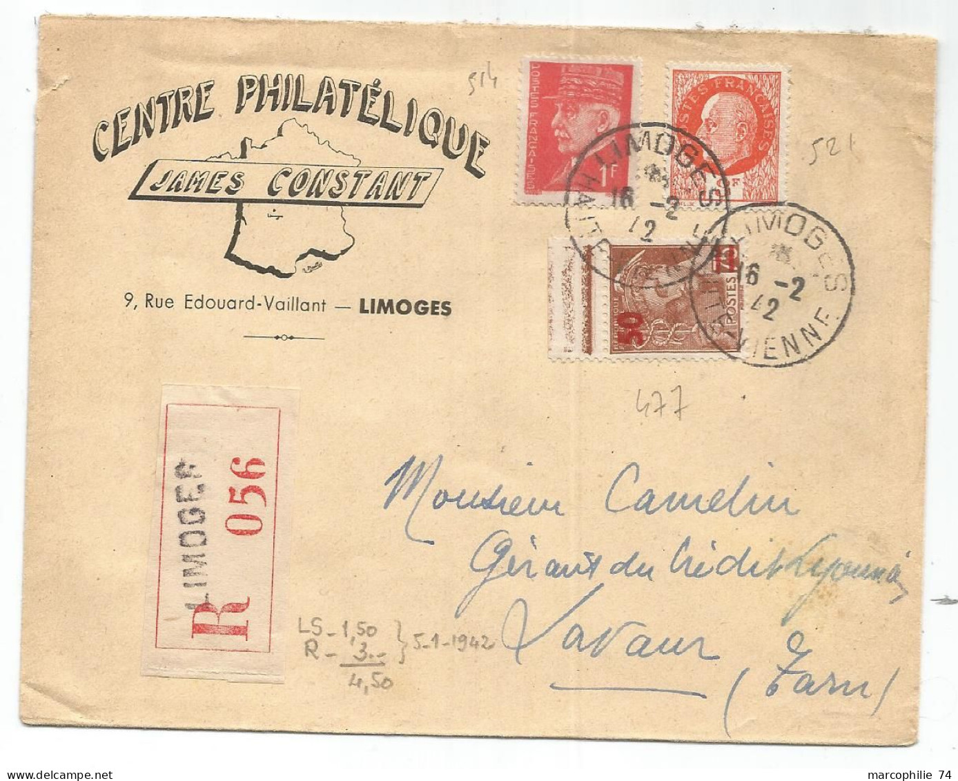 MERCURE 75C SURCHARGE 50+ PETAIN 3FR+1FR LETTRE COVER REC LIMOGES 16.2.1942 AU TARIF - 1938-42 Mercurius