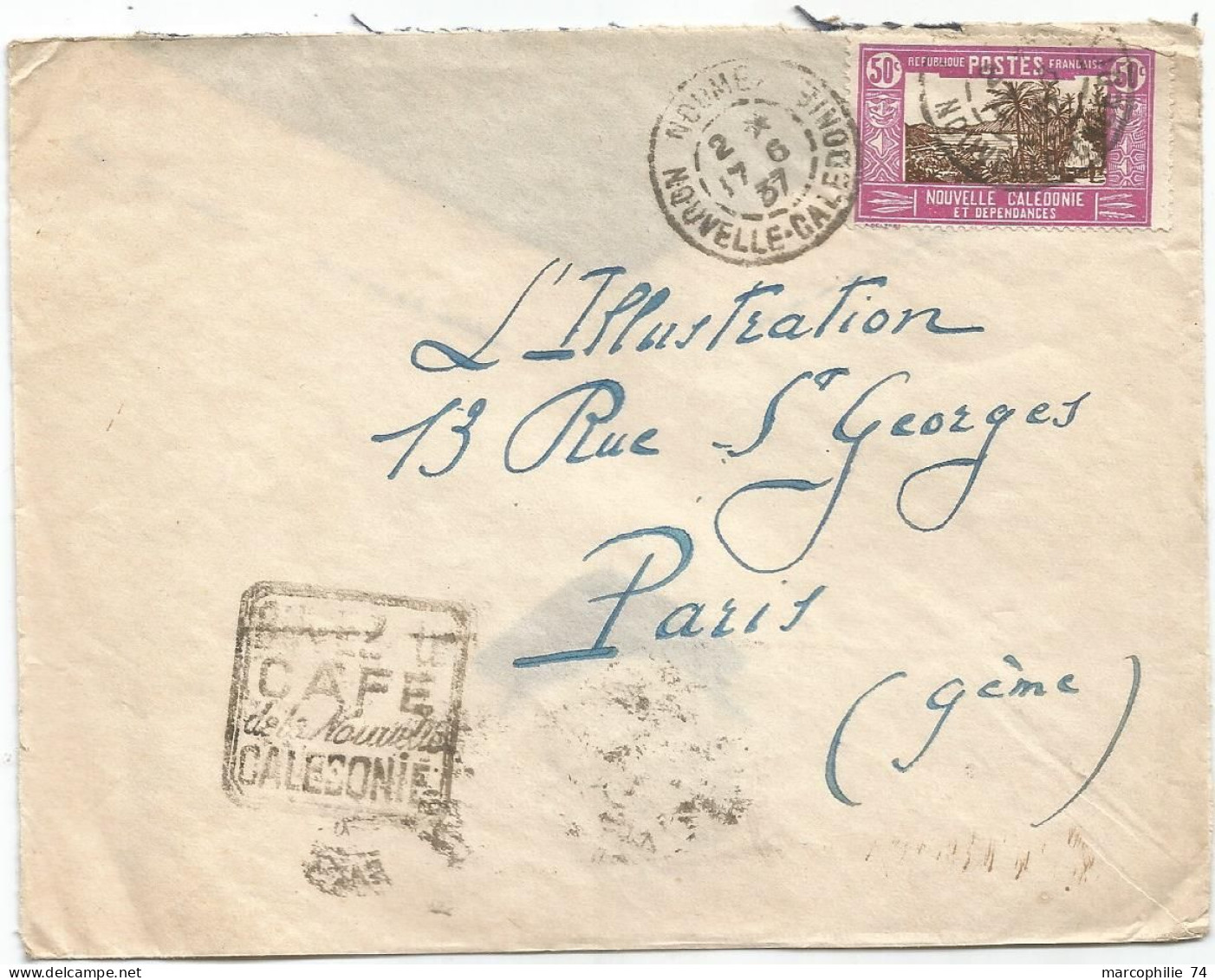 NOUVELLE CALEDONIE 50C VIOLET LETTRE COVER NOUMEA 17.6..37 + DAGUIN CAFE NOUVELLE CALEDONIE - Cartas & Documentos