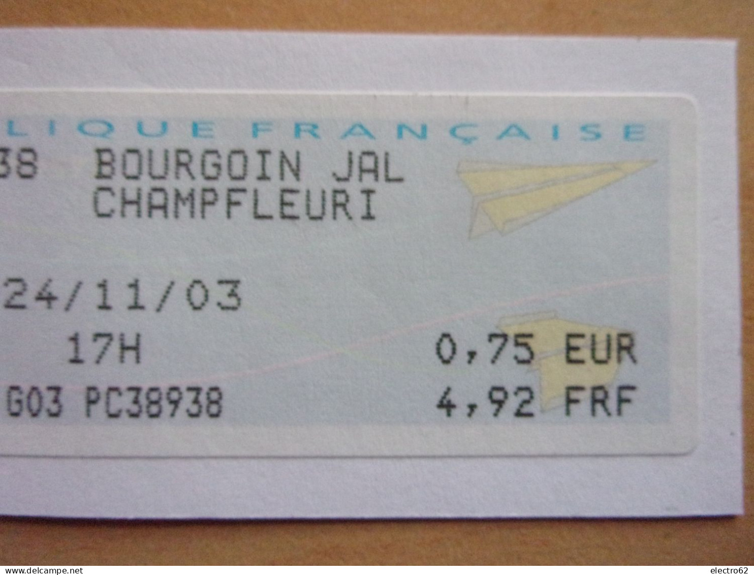 France Vignette BOURGOIN JALLIEU CHAMPFLEURI 24-11-2003 G03 PC 38938 Avion En Papier  Paper Plane - 2000 « Avions En Papier »