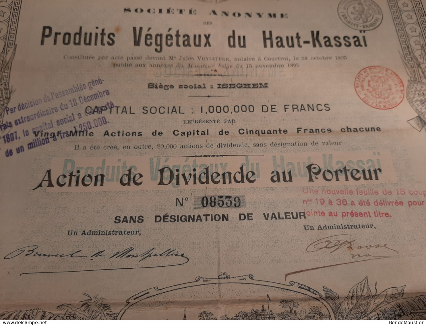 S.A. Des Produits Végétaux Du Haut-Kassaï - Action De Dividende Au Porteur - Iseghem 15 Novembre 1895. - Afrika