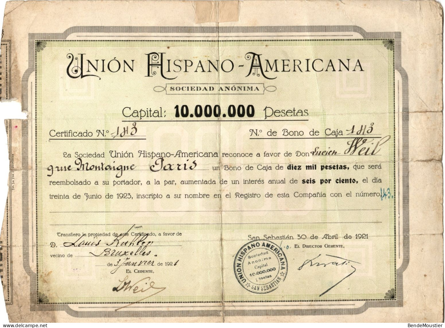 Union Hispano-América Sociedad Anonima - San Sebastian - Bruxelles Le 3 Janvier 1921. - Bank En Verzekering