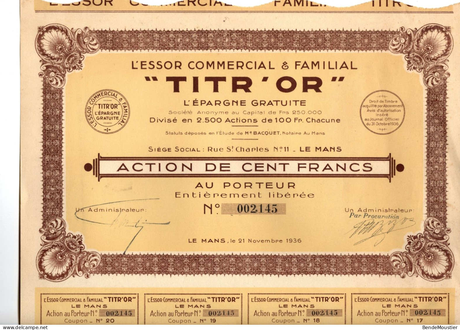 L'Essor Commercial & Familial "TITR'OR" - L'Epargne Gratuite - Action De 100 Francs Au Porteur - Le Mans Novembre 1936. - Banque & Assurance