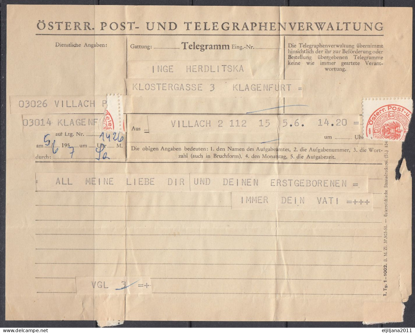 50% OFF ⁕ Austria 1952 - 1957 ⁕ Klagenfurt - Graz - Villach ⁕ 6v Telegraph administration ⁕ TELEGRAM Post & Telegrap