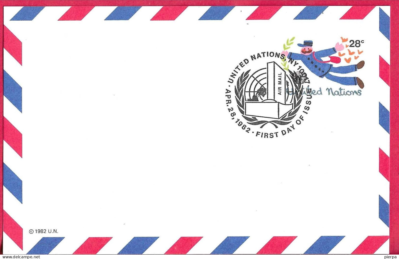 O.N.U. NEW YORK  - INTERO CARTOLINA POSTALE  AIR MAIL 28C - ANNULLO F.D.C. *APR 28, 1982* - Oblitérés