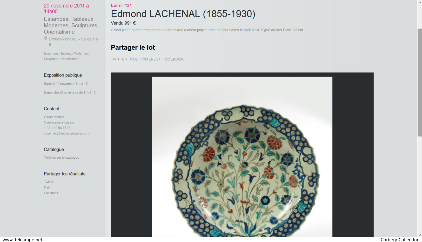 Edmond Lachenal Grand Plat Céramique Décor Iznik