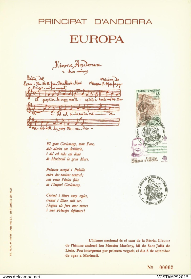 Andorre -Andorre Française 1985 -Spécial FDC Sur Encart . Yv. Nr.: 172/173. Mi Nr.: 181/182. "Music"...(EB) DC-12036 - Usados