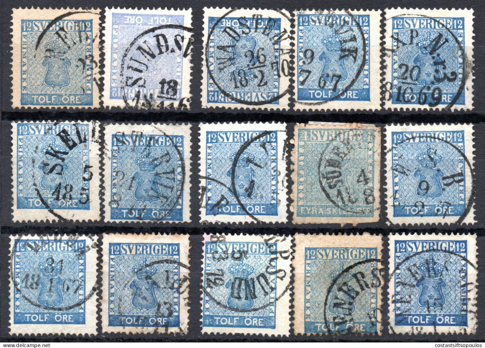 1962. SWEDEN. 1858-1862 12 O.  X 15. SOME NICE POSTMARKS. 5 SCANS. - 1855-1871 Klassik