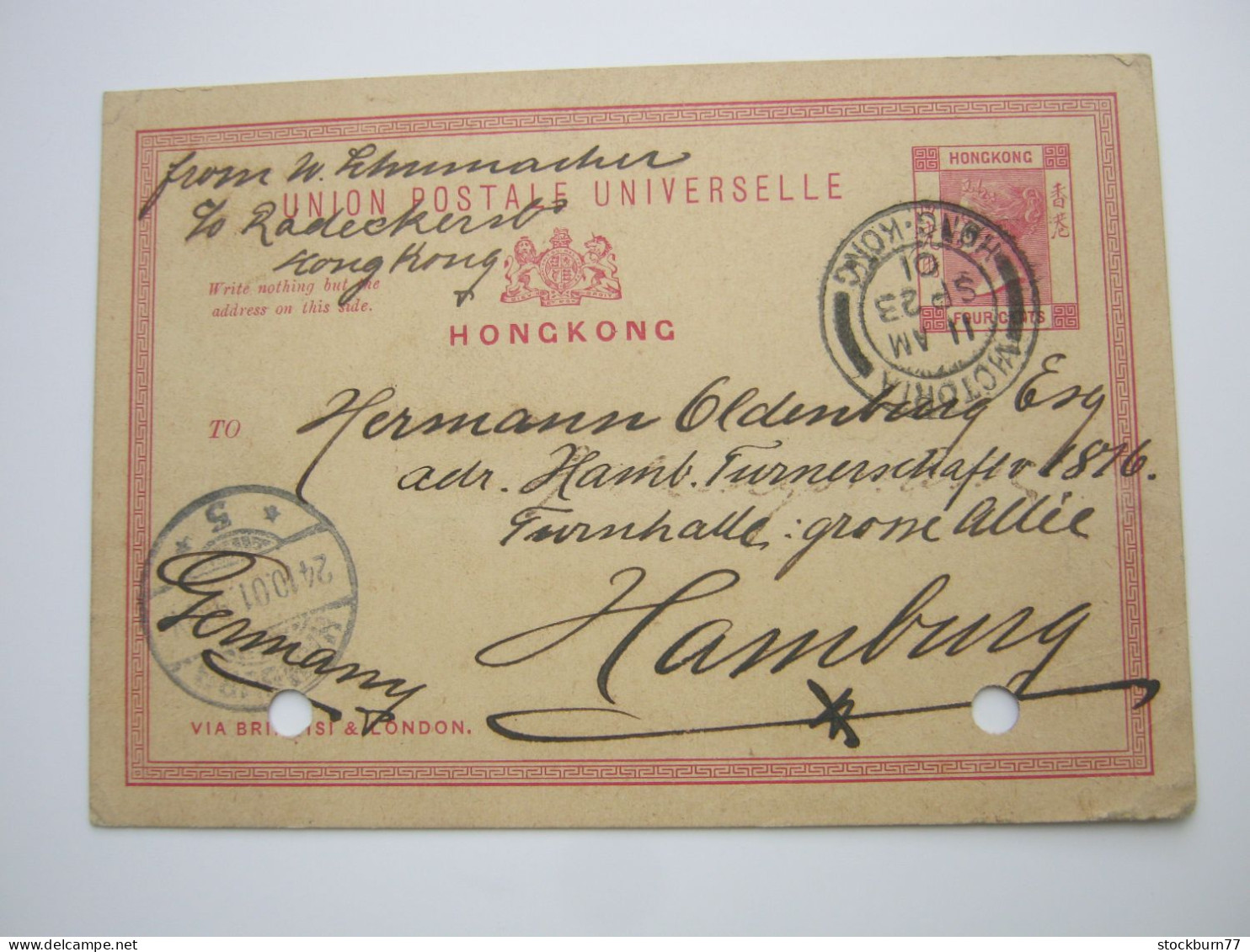 HONGKONG ,  ,Ganzsache (Aktenlochung)  1901 Nach Deutschland - Storia Postale